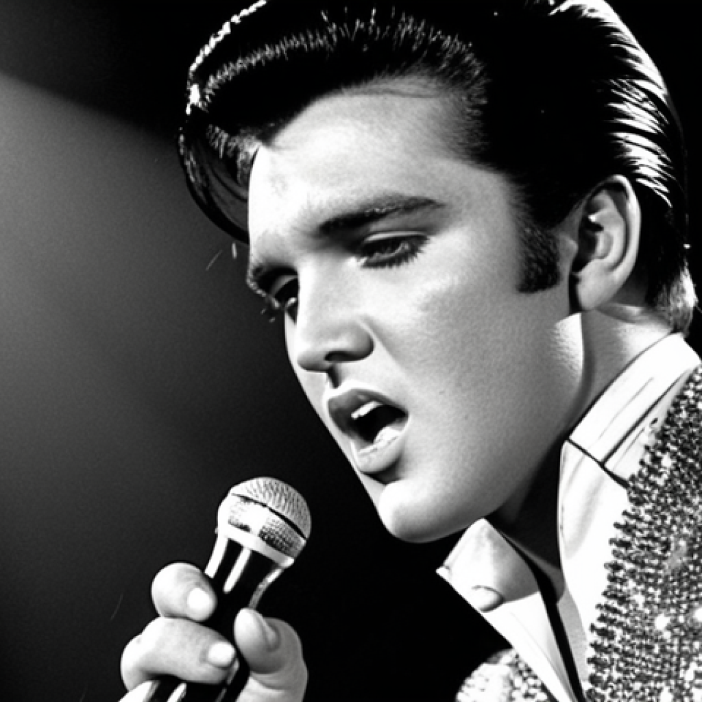 **

A young Elvis Presley on stage, singing with intense emotion and charisma. Depict him with his signature slicked-back hair, sideburns, and a shimmering outfit. The background should hint at a roaring crowd and the electrifying energy of early rock 'n' roll concerts. Capture the raw talent and the sacrifices hidden behind his meteoric rise to fame.

**