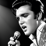 **

A young Elvis Presley on stage, singing with intense emotion and charisma. Depict him with his signature slicked-back hair, sideburns, and a shimmering outfit. The background should hint at a roaring crowd and the electrifying energy of early rock 'n' roll concerts. Capture the raw talent and the sacrifices hidden behind his meteoric rise to fame.

**
