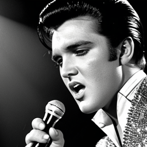 Home 11 **
A young Elvis Presley on stage, singing with intense emotion and charisma. Depict him with his signature slicked-back hair, sideburns, and a shimmering outfit. The background should hint at a roaring crowd and the electrifying energy of early rock 'n' roll concerts. Capture the raw talent and the sacrifices hidden behind his meteoric rise to fame.
**