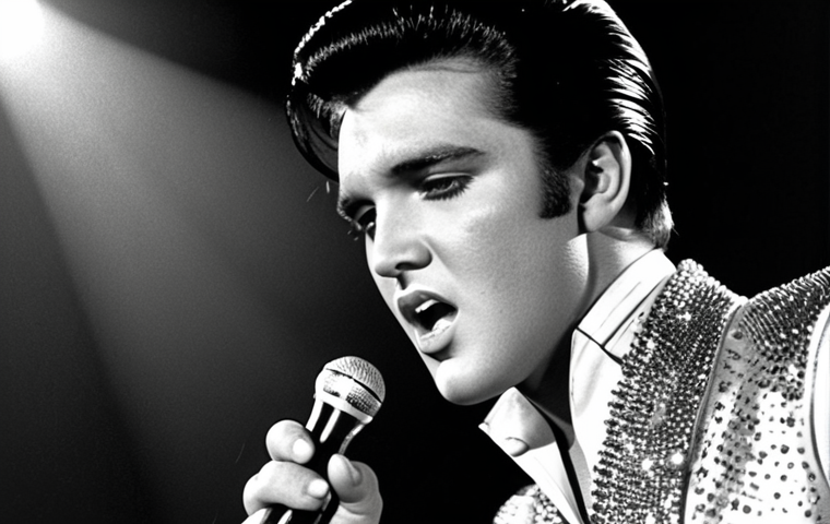 **
A young Elvis Presley on stage, singing with intense emotion and charisma. Depict him with his signature slicked-back hair, sideburns, and a shimmering outfit. The background should hint at a roaring crowd and the electrifying energy of early rock 'n' roll concerts. Capture the raw talent and the sacrifices hidden behind his meteoric rise to fame.
**