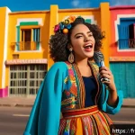 Home 15 카밀라 카베요 데뷔 앨범 - A vibrant portrait of a confident Latina pop singer inspired by Cuban roots, dressed in colorful, mo...