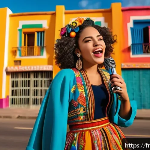 Home 27 카밀라 카베요 데뷔 앨범 - A vibrant portrait of a confident Latina pop singer inspired by Cuban roots, dressed in colorful, mo...