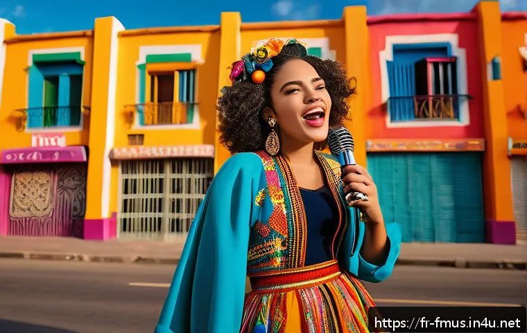 카밀라 카베요 데뷔 앨범 - A vibrant portrait of a confident Latina pop singer inspired by Cuban roots, dressed in colorful, mo...