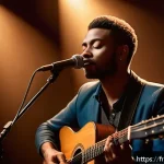 Home 20 샘 스미스 리메이크 곡 - A portrait of a soulful singer performing an acoustic ballad on stage, wearing elegant casual clothi...