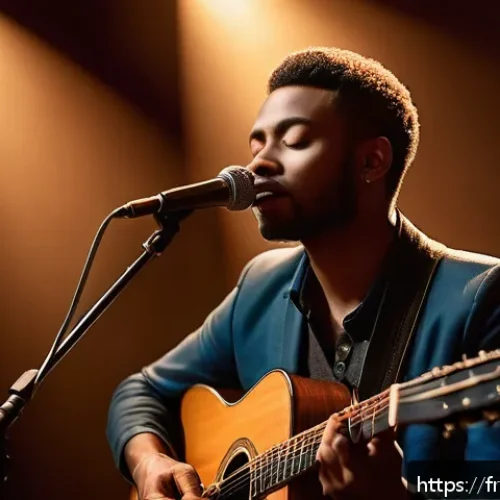 Home 14 샘 스미스 리메이크 곡 - A portrait of a soulful singer performing an acoustic ballad on stage, wearing elegant casual clothi...