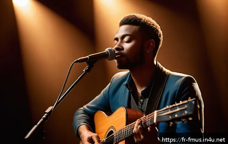 샘 스미스 리메이크 곡 - A portrait of a soulful singer performing an acoustic ballad on stage, wearing elegant casual clothi...